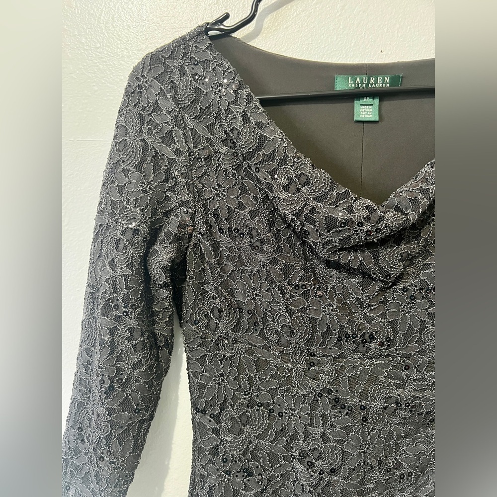 Ralph Lauren Charcoal Sequin Beaded Lace Dress - Size 6P - Picture 8 of 10